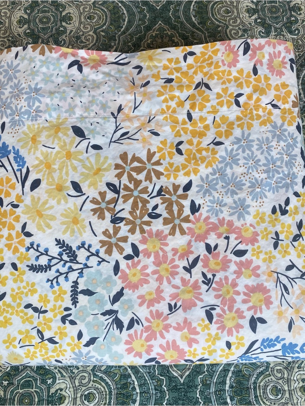 Floral Cotton Sheet Set - White with Yellow, Pink, Blue & Brown Flowers